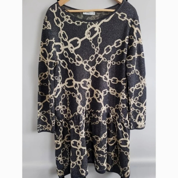 ZARA Dress Women's Small Black Gold Metallic Chain  Ruffle Hem Knit - Picture 1 of 10